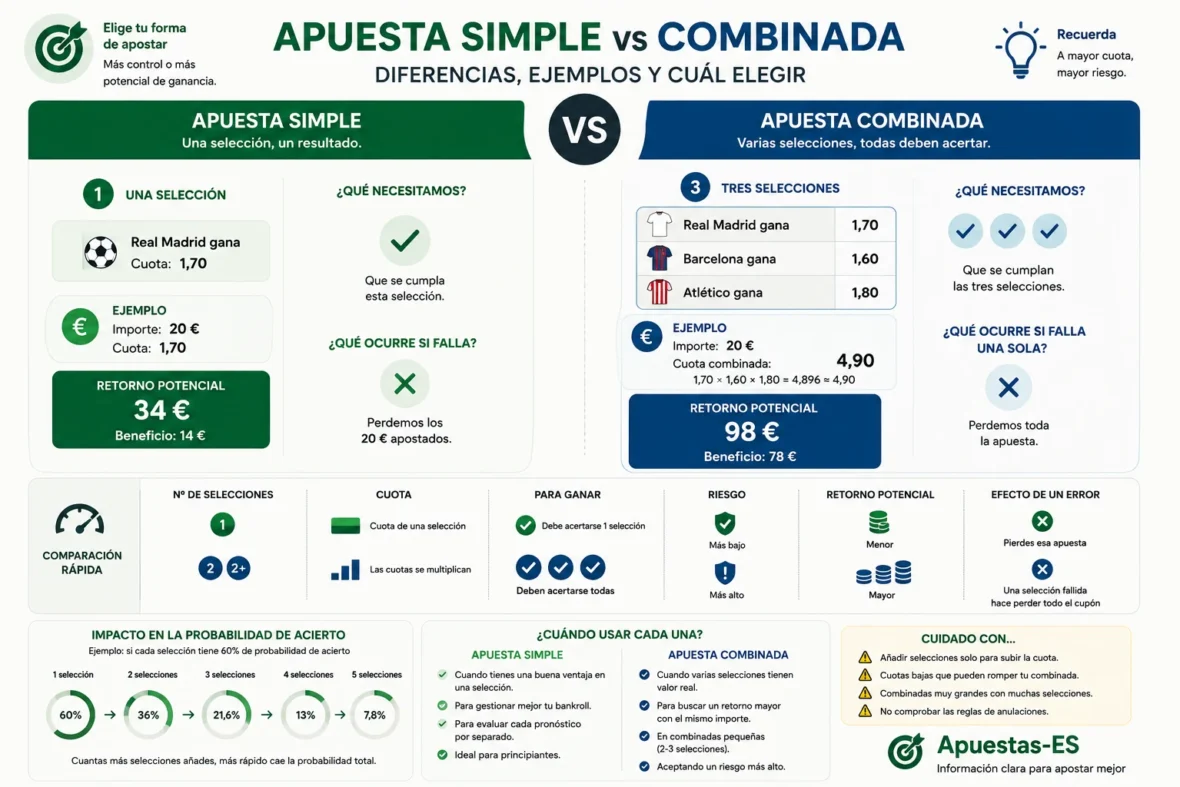 Apuesta simple vs combinada – comparación de cuotas, retorno potencial, número de selecciones, riesgo y probabilidad de acierto.
