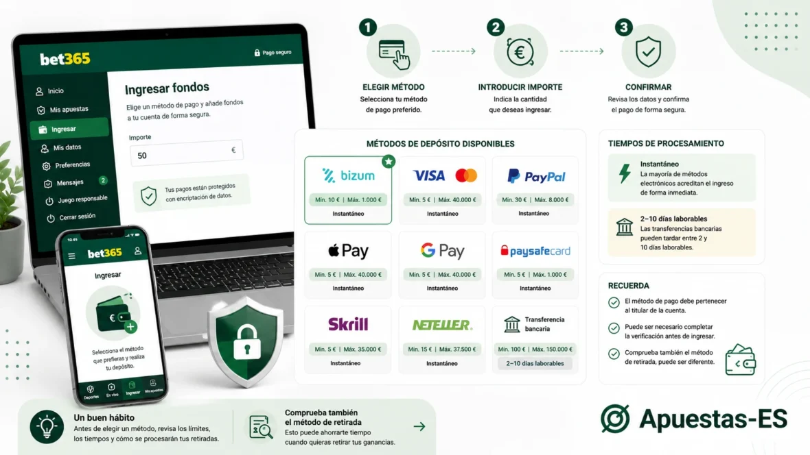 Depósitos en Bet365 España – métodos de pago disponibles, límites, tiempos de procesamiento y opciones como Bizum, tarjeta, PayPal y transferencia bancaria.