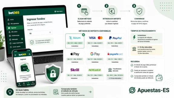 Depósitos en Bet365 España – métodos de pago disponibles, límites, tiempos de procesamiento y opciones como Bizum, tarjeta, PayPal y transferencia bancaria.