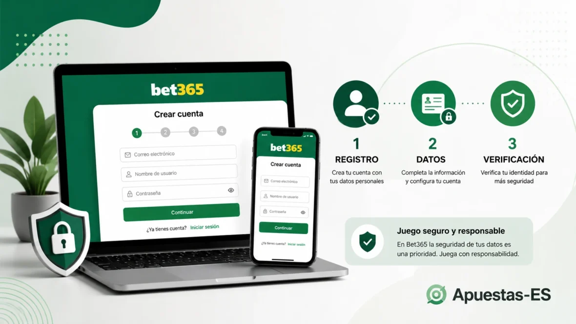 Registro en Bet365 España – ilustración del proceso de creación de cuenta, introducción de datos y verificación de identidad.