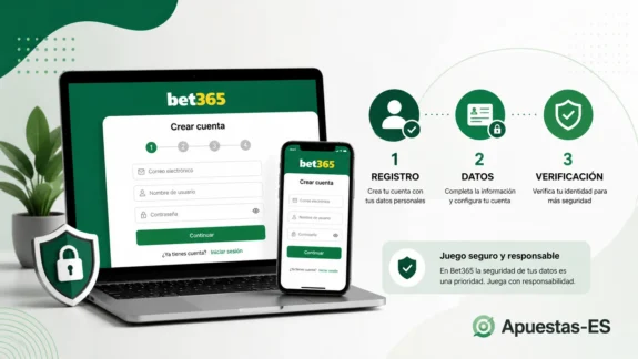 Registro en Bet365 España – ilustración del proceso de creación de cuenta, introducción de datos y verificación de identidad.