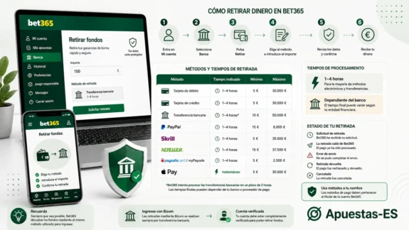 Retiradas en Bet365 España – métodos de retirada, tiempos de procesamiento, límites y estados de pago disponibles para el usuario.