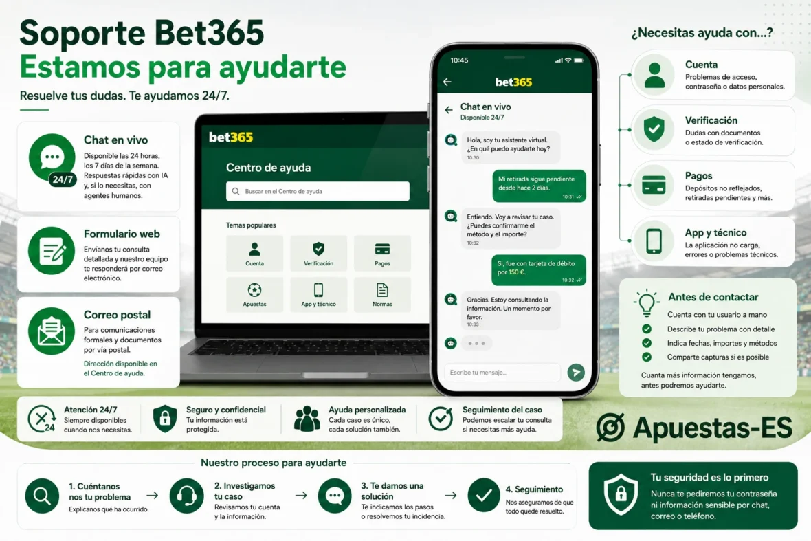 Atención al cliente de Bet365 España – Chat en vivo 24/7, Centro de ayuda y soporte para problemas de cuenta, verificación, pagos y aplicación móvil.