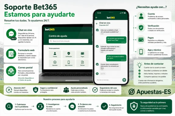 Atención al cliente de Bet365 España – Chat en vivo 24/7, Centro de ayuda y soporte para problemas de cuenta, verificación, pagos y aplicación móvil.
