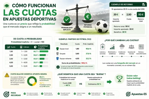 Cómo funcionan las cuotas en las apuestas deportivas – ejemplo de probabilidades implícitas, retorno potencial, margen y value betting.