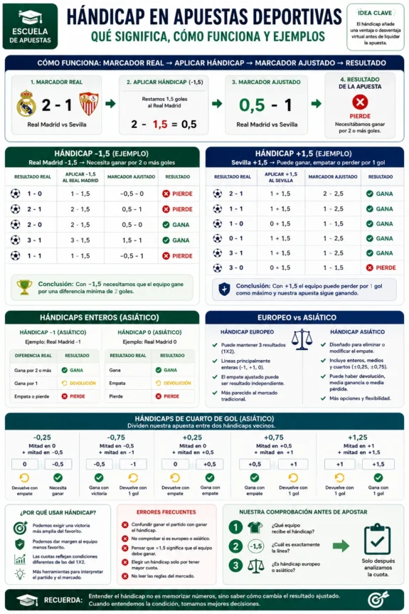 Hándicap en apuestas deportivas – przykłady hándicap -1,5 i +1,5, hándicap asiático y europeo oraz sposób obliczania wyniku po zastosowaniu handicapu.