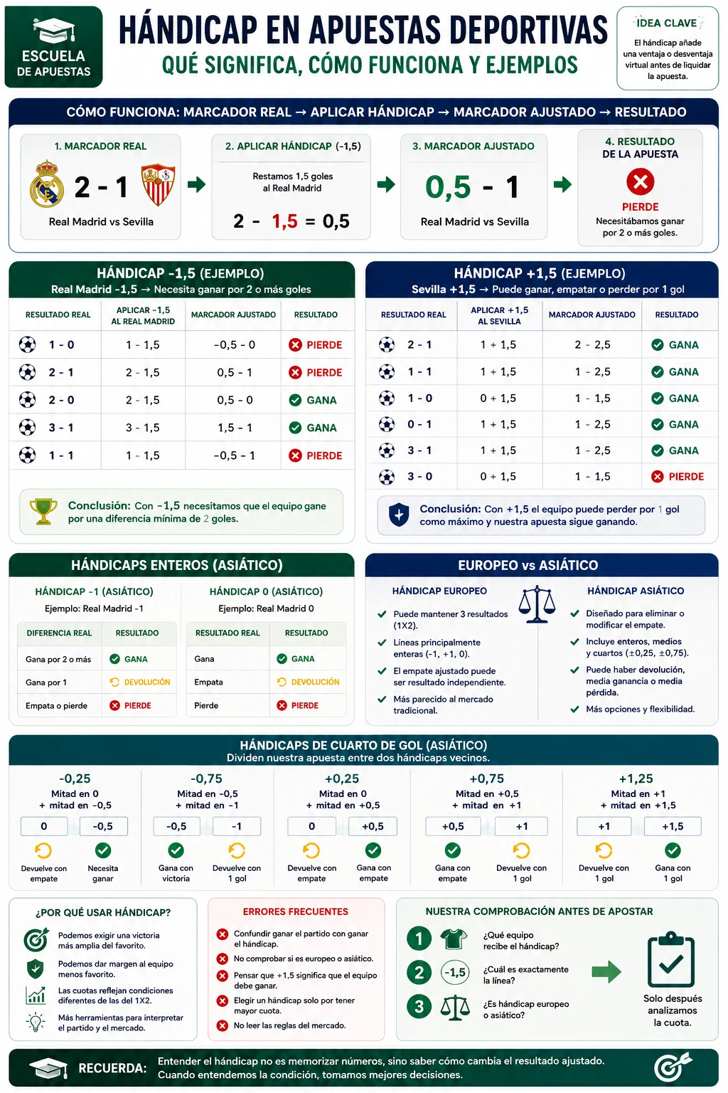 Hándicap en apuestas deportivas – przykłady hándicap -1,5 i +1,5, hándicap asiático y europeo oraz sposób obliczania wyniku po zastosowaniu handicapu.