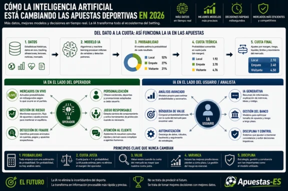 Inteligencia artificial en las apuestas deportivas en 2026 – uso de datos, modelos predictivos, cuotas, mercados LIVE, gestión de riesgo, value betting y herramientas de IA para operadores y usuarios.