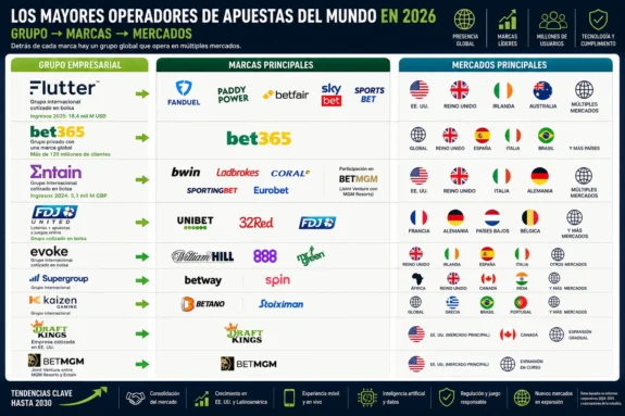 Mayores operadores de apuestas del mundo en 2026 – grupos como Flutter, Bet365, Entain, FDJ UNITED, evoke, Super Group y Kaizen Gaming, sus principales marcas y mercados internacionales.