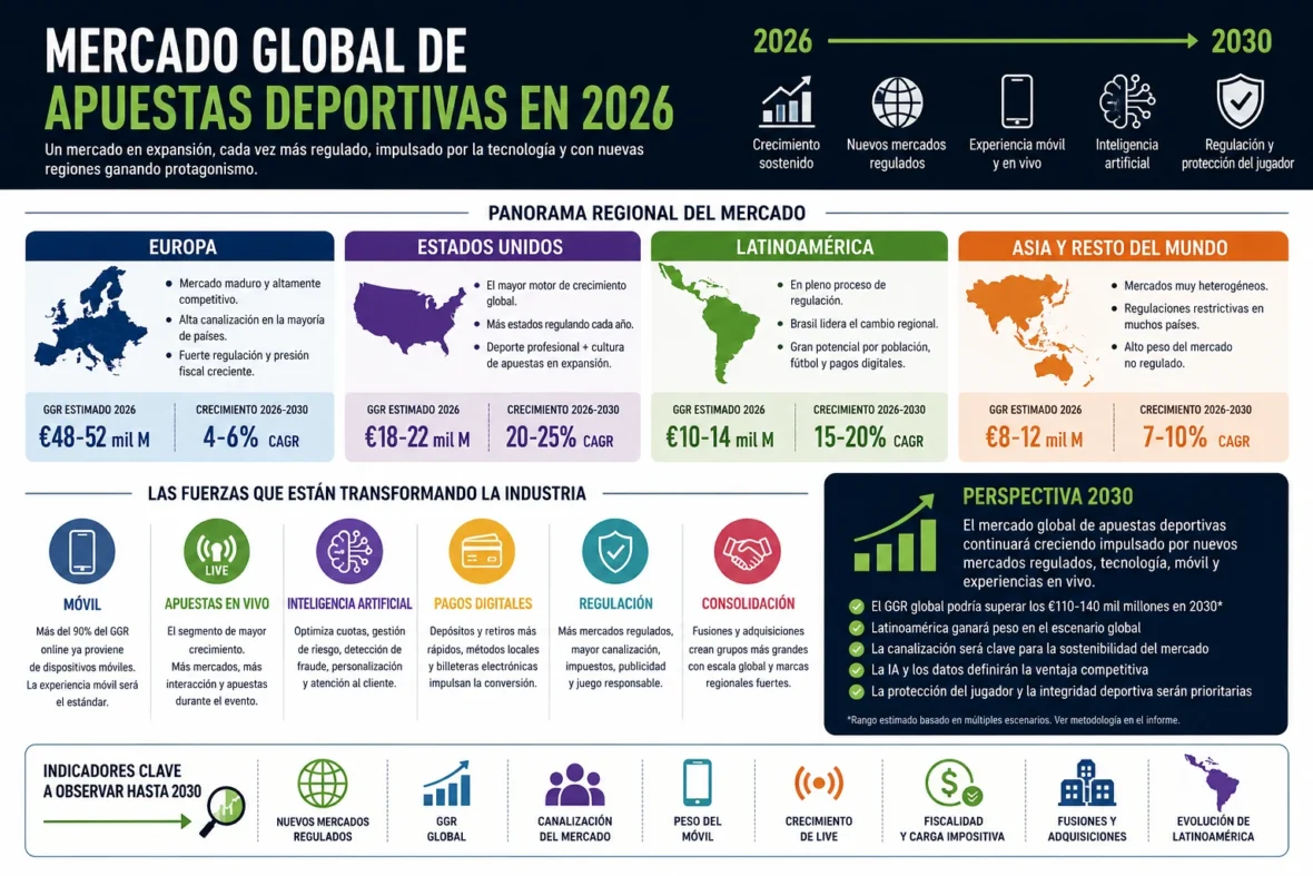 Mercado global de apuestas deportivas en 2026 – panorama de Europa, Estados Unidos, Latinoamérica y Asia, con tendencias de móvil, apuestas LIVE, inteligencia artificial, regulación y perspectivas hasta 2030.