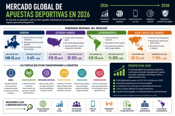 Mercado global de apuestas deportivas en 2026 – panorama de Europa, Estados Unidos, Latinoamérica y Asia, con tendencias de móvil, apuestas LIVE, inteligencia artificial, regulación y perspectivas hasta 2030.