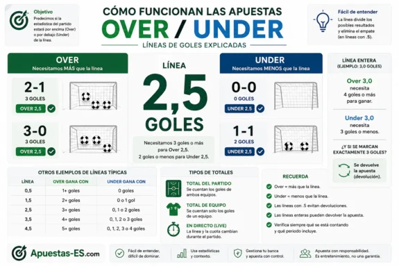 Infografía sobre apuestas Over/Under y líneas de goles en apuestas-es.com